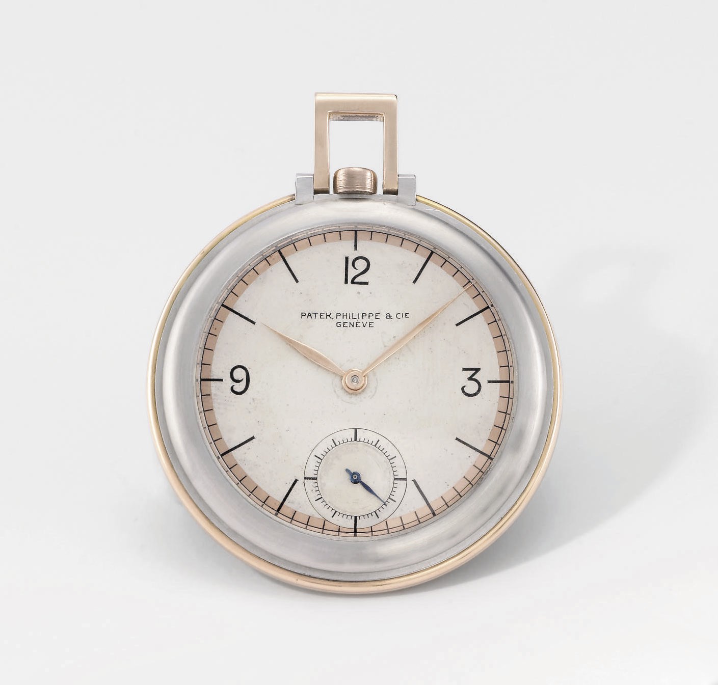 Patek Philippe. A fine, rare and unusual stainless steel and 18K pink gold openface keyless lever dress watch with two-tone silvered and pink dial