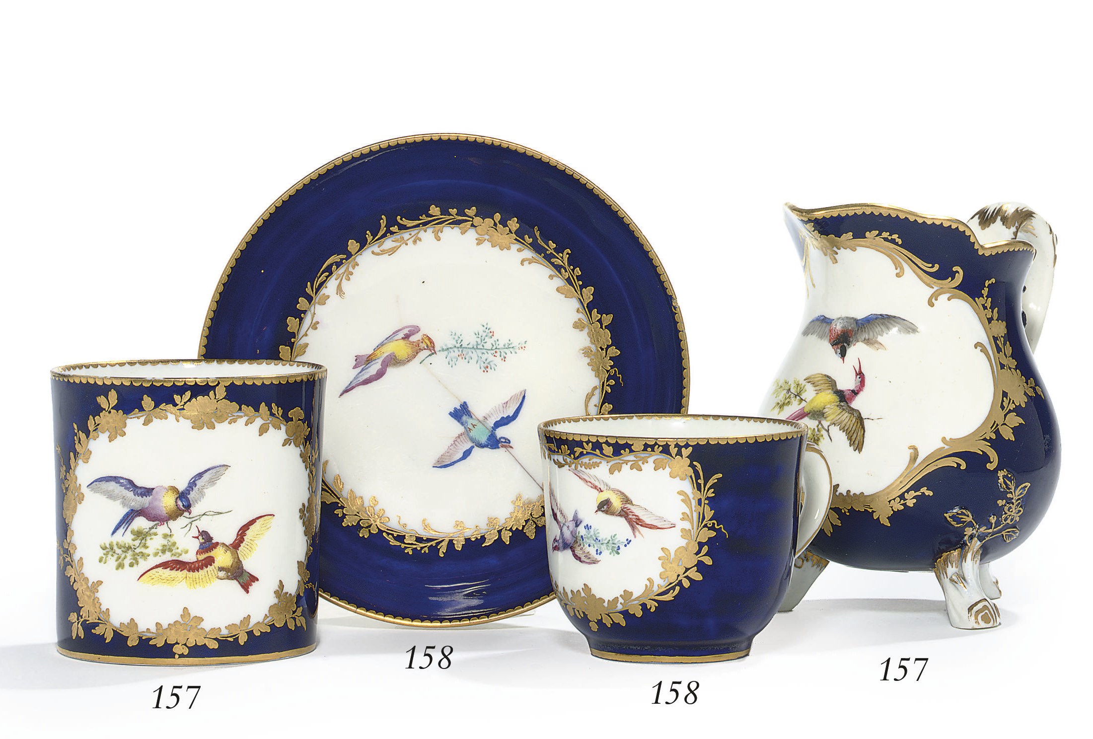 A VINCENNES BLEU LAPIS POMMADE POT AND FOOTED MILK-JUG (POT A TOILETTE ET POT A LAIT 'A TROIS PIEDS', 1ERE GRANDEUR)