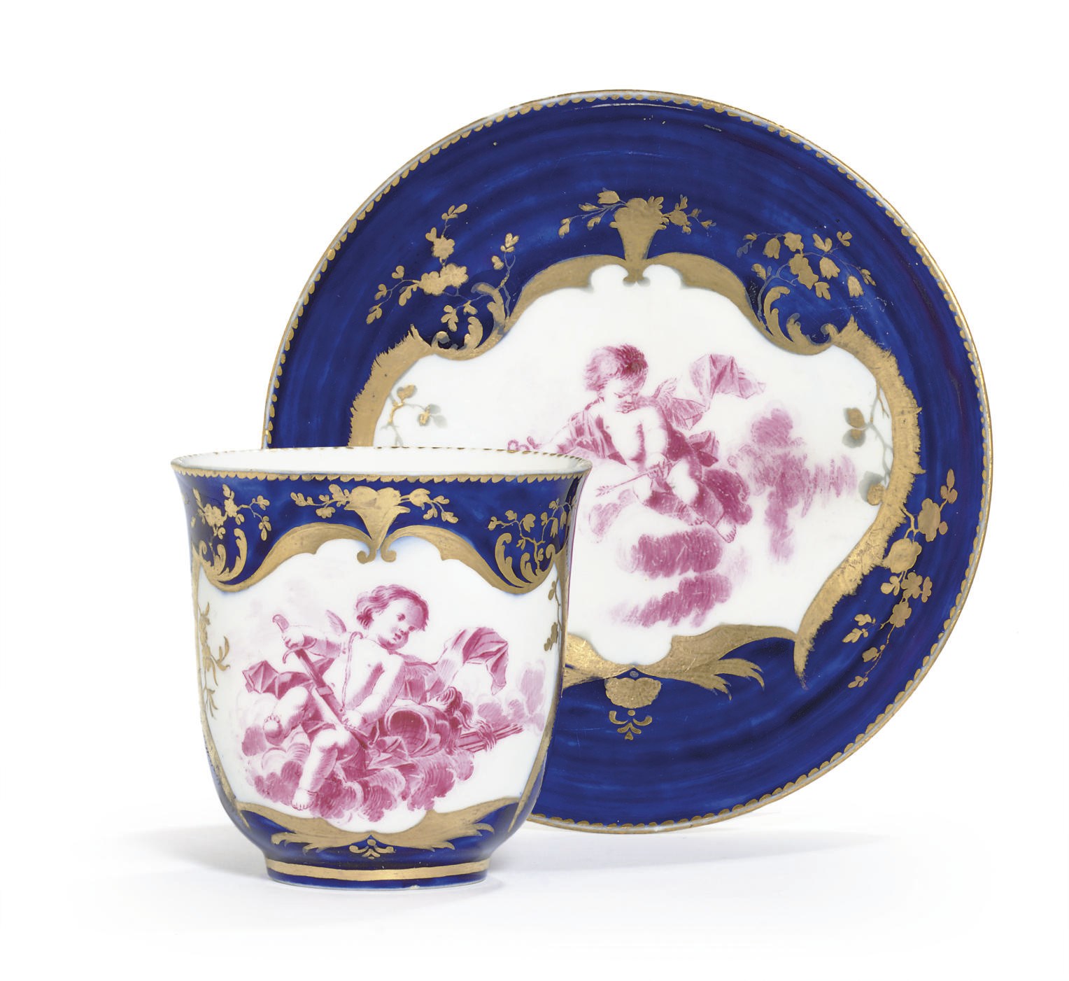 A VINCENNES BLEU LAPIS CUP AND SAUCER (GOBELET 'CALABRE' ET SA SOUCOUPE, 1ERE GRANDEUR)