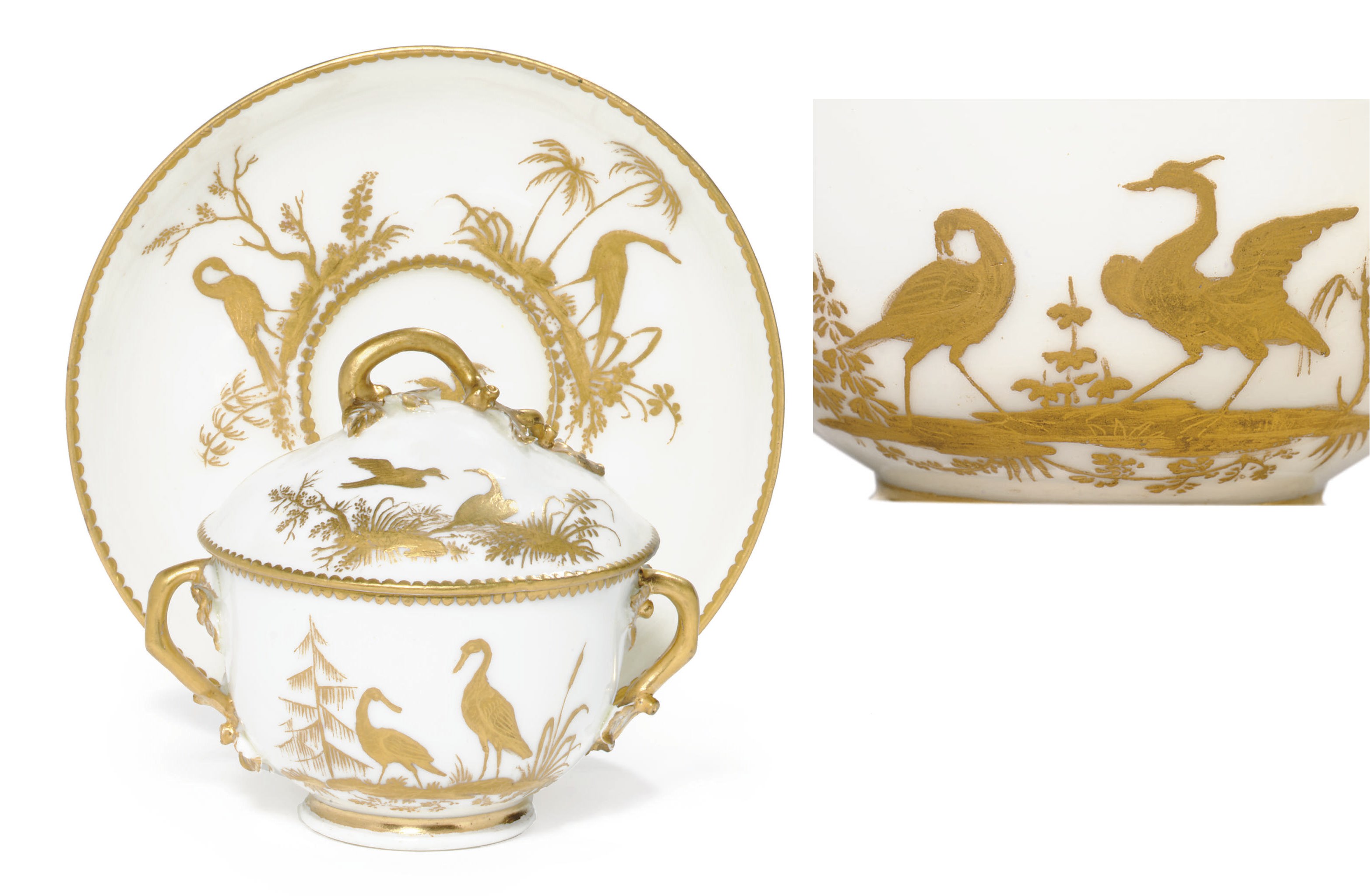 A VINCENNES GILT WHITE POMMADE-POT, COVER AND STAND (POT A TOILETTE, SA COUVERCLE ET SOUCOUPE)