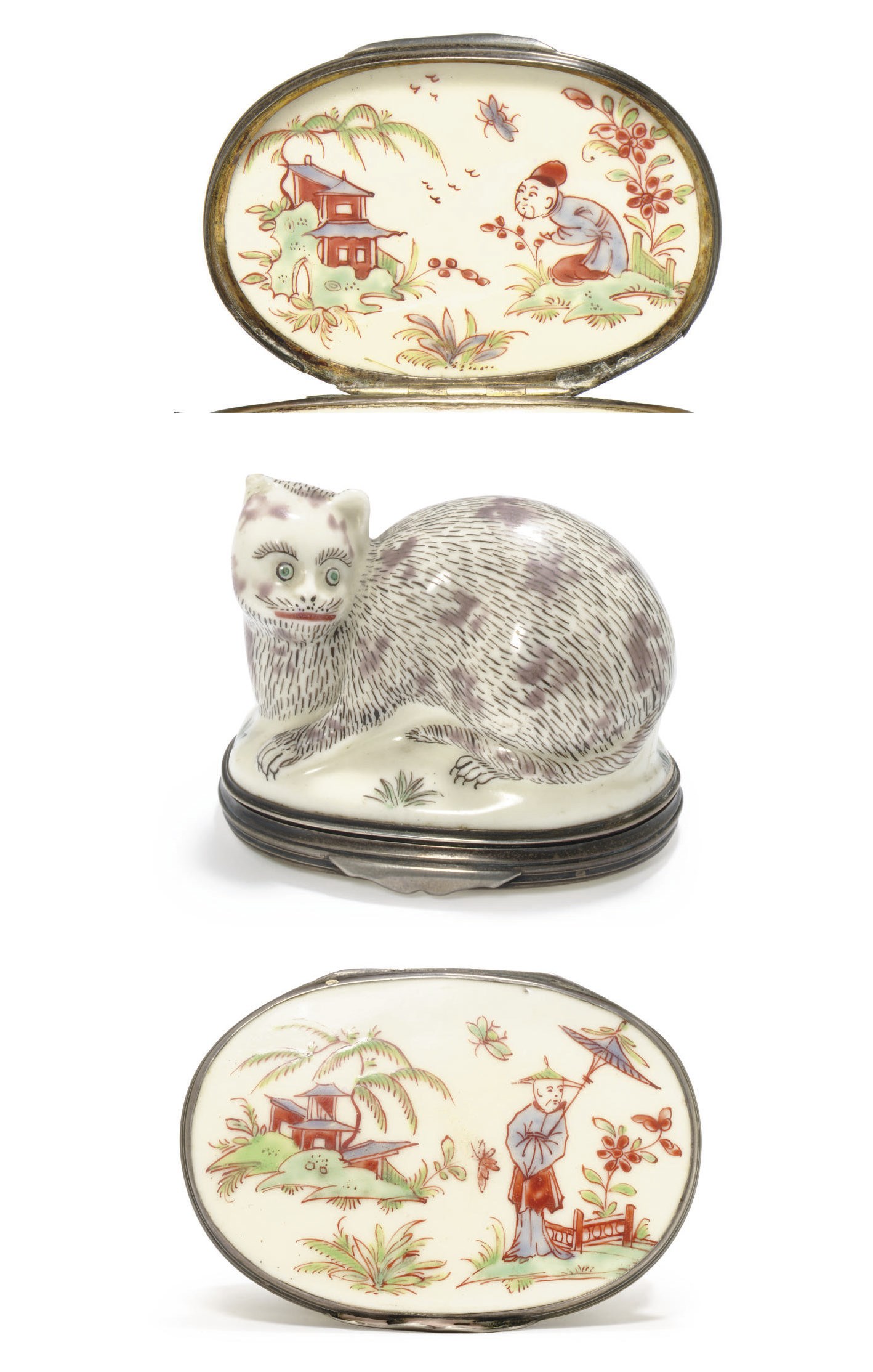 A SILVER-MOUNTED SAINT-CLOUD CHINOISERIE SNUFF BOX AND COVER
