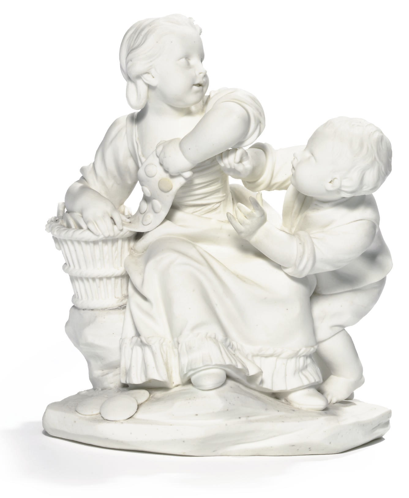 A SEVRES BISCUIT FIGURE GROUP OF 'LA MARCHANDE DE MACARONS'