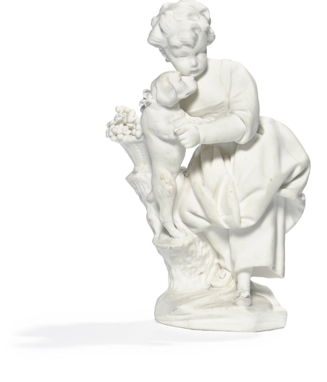 A VINCENNES BISCUIT FIGURE GROUP OF A LITTLE GIRL AND HER PUPPY