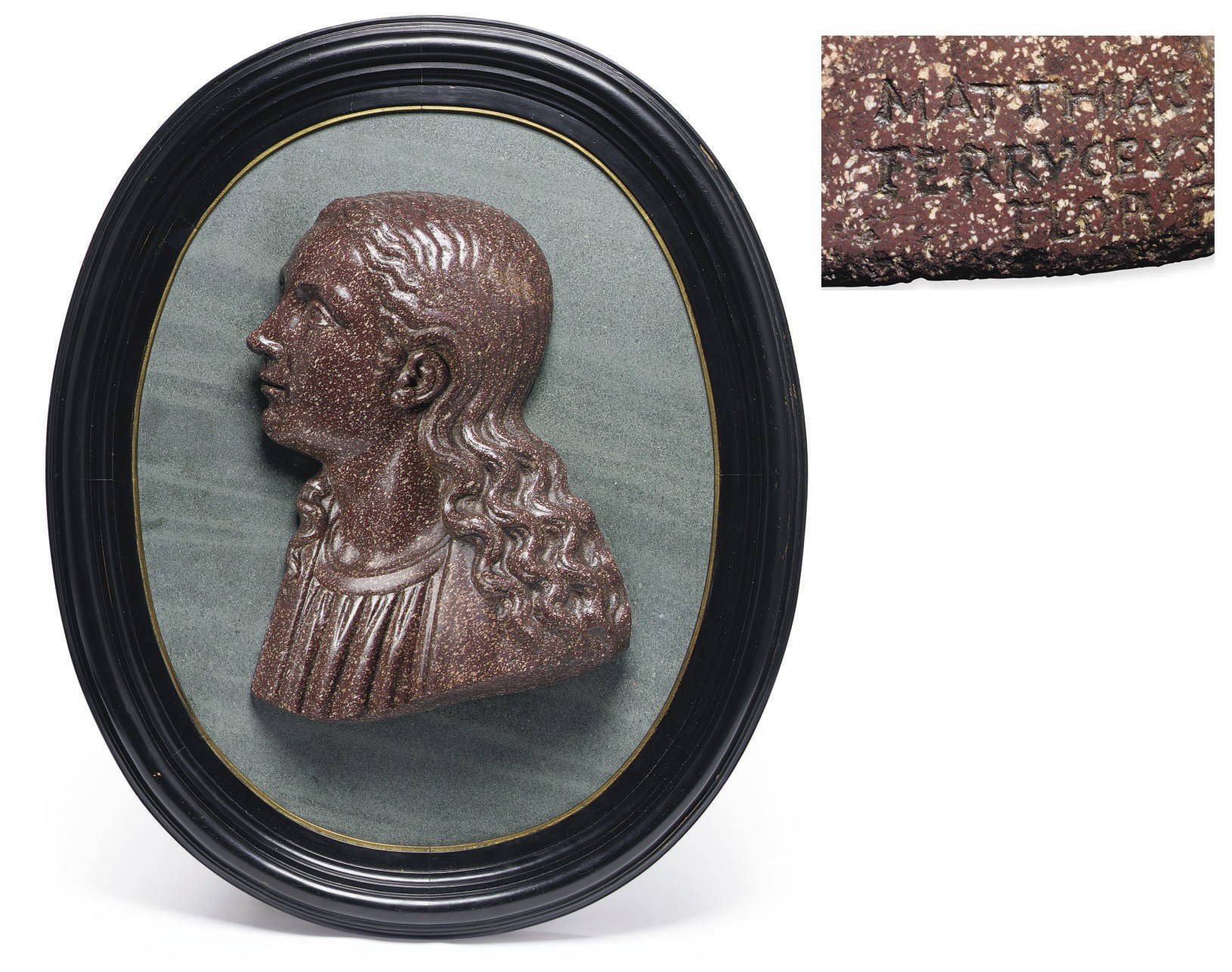 A PORPHYRY RELIEF BUST OF THE VIRGIN OF THE ANNUCIATION