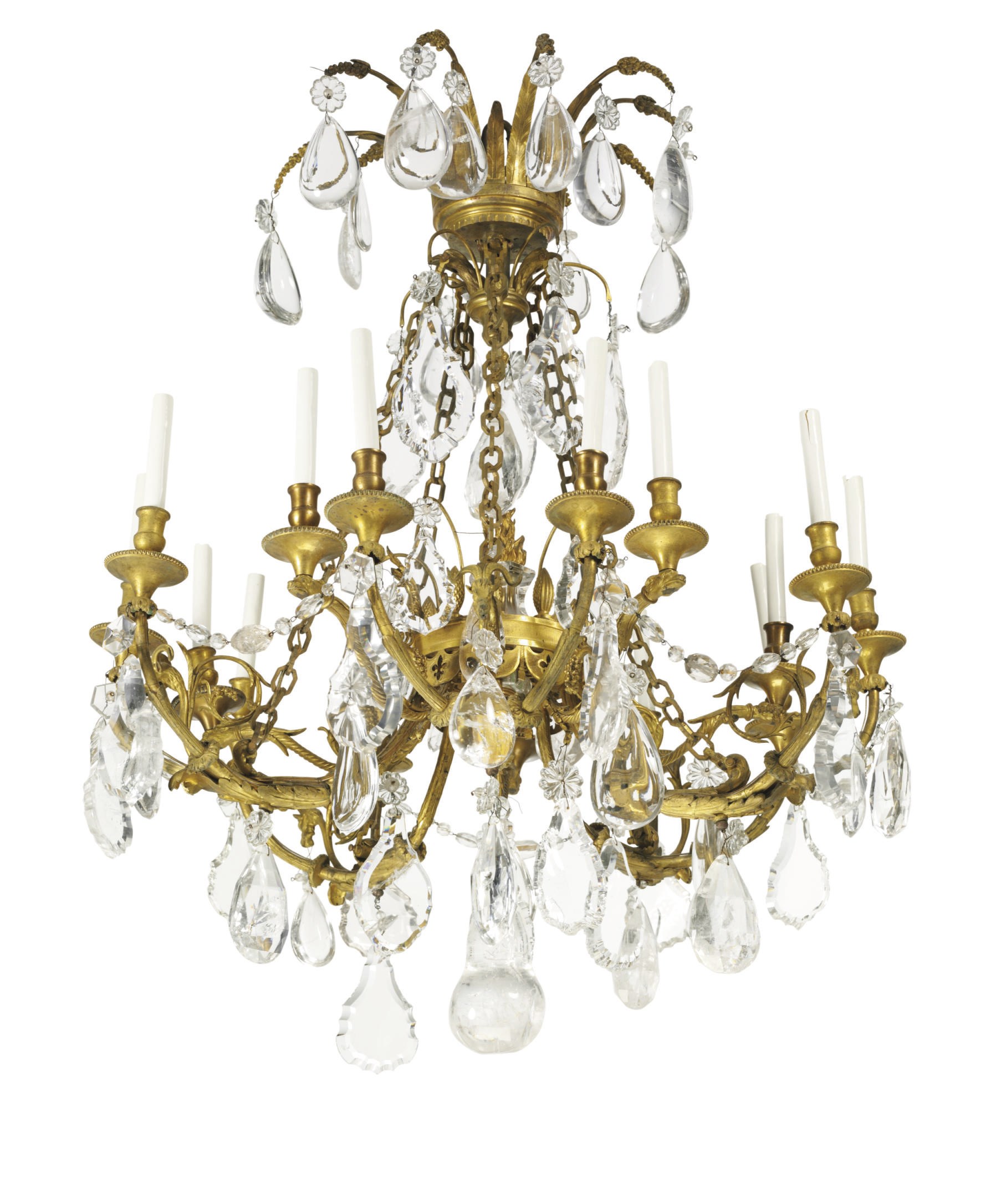 A FRENCH ORMOLU, ROCK CRYSTAL AND CUT-GLASS FIFTEEN-LIGHT CHANDELIER