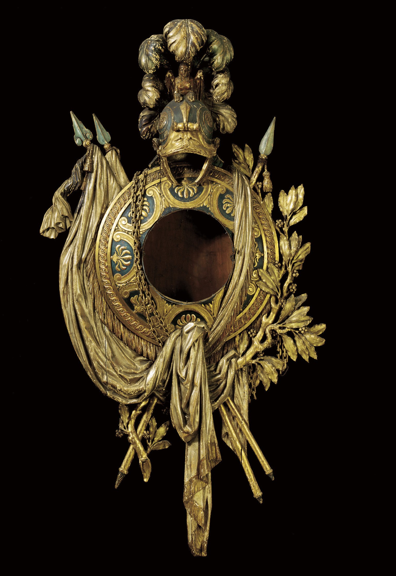 A LOUIS XVI PARCEL-SILVERED, TWO-TONE GILT AND GREEN-PAINTED CARTEL CLOCK CASE