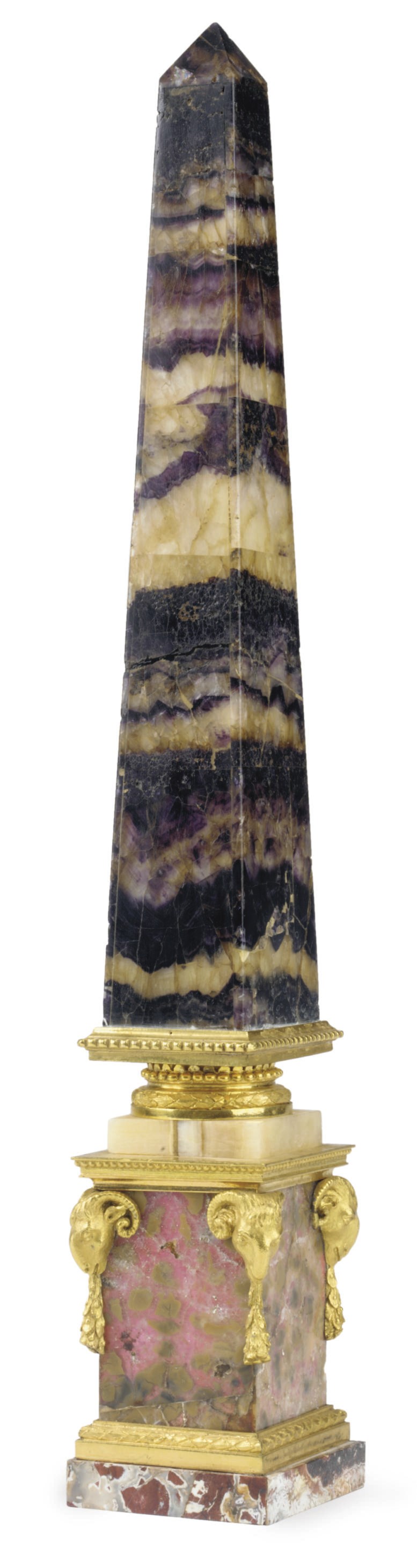 AN ITALIAN ORMOLU-MOUNTED BLUE JOHN, ALABASTER AND JASPER OBELISK