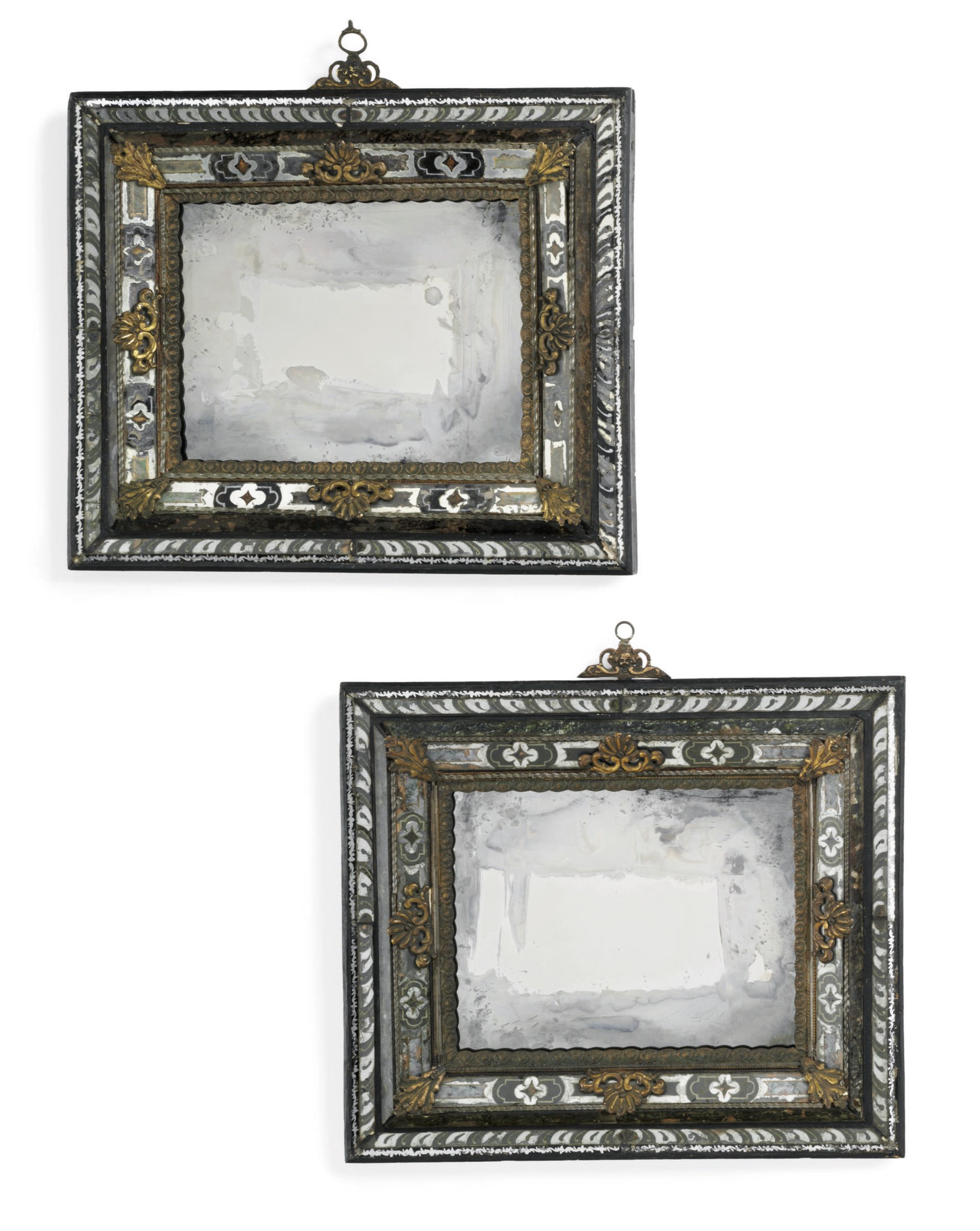 A PAIR OF ITALIAN VERRE EGLOMISE, APPLIED GLASS AND GILT-METAL-MOUNTED MIRROR FRAMES