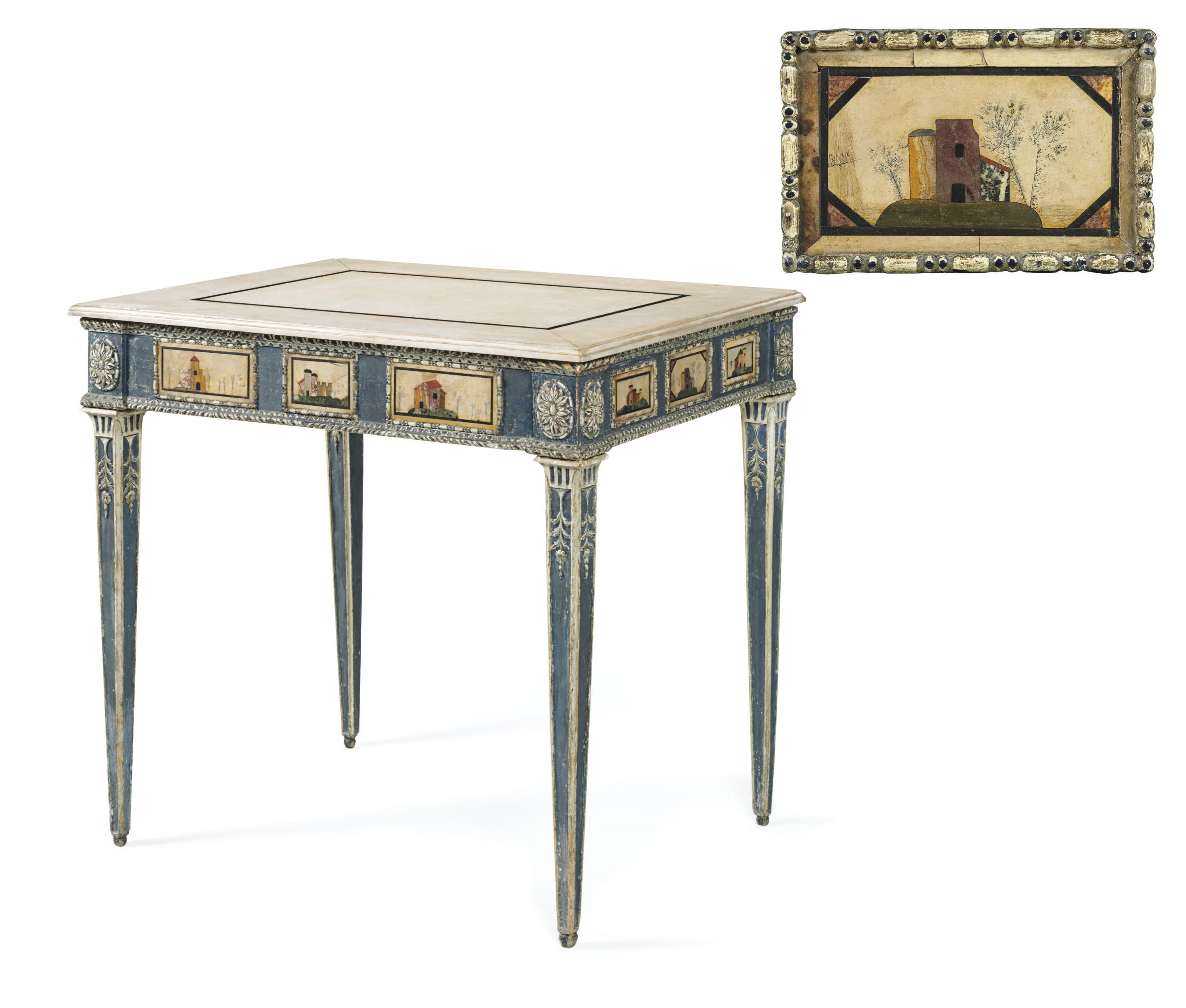 AN ITALIAN BLUE AND WHITE-PAINTED, PIETRA-DURA AND PIETRA PAESINA INLAID TABLE