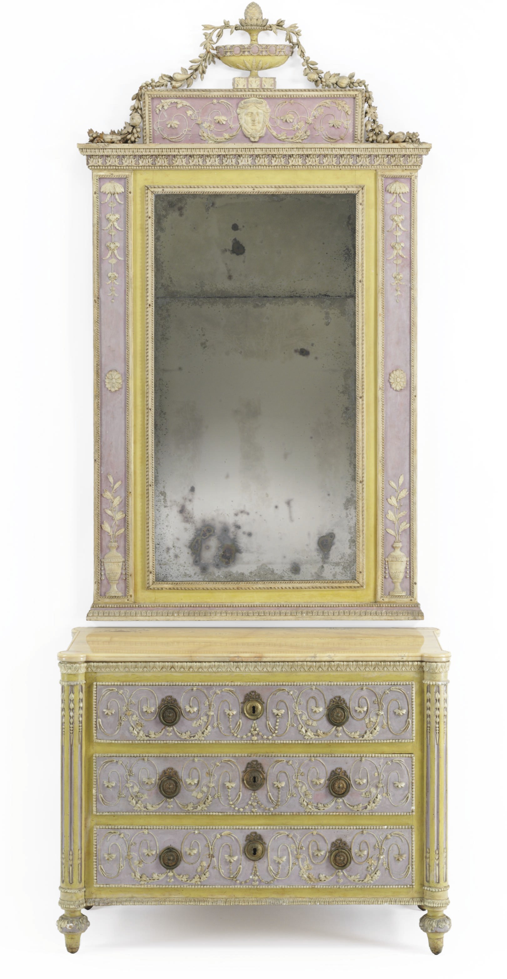 A NORTH ITALIAN POLYCHROME-PAINTED PASTIGLIA COMMODE AND MIRROR