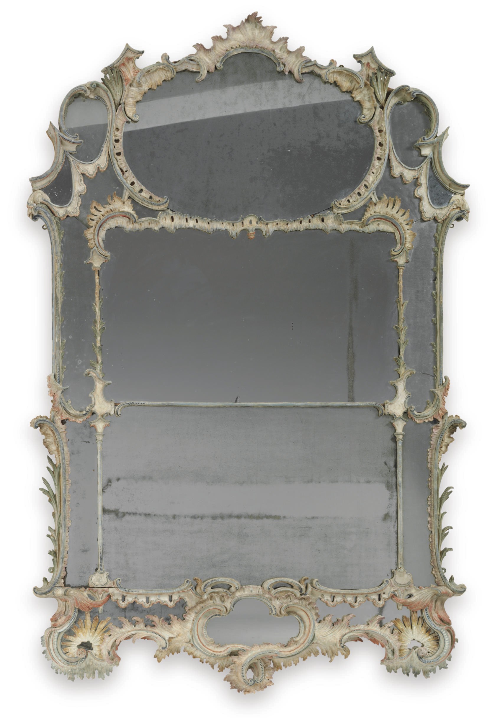 A NORTH ITALIAN CREAM AND POLYCHROME-DECORATED OVERMANTLE MIRROR