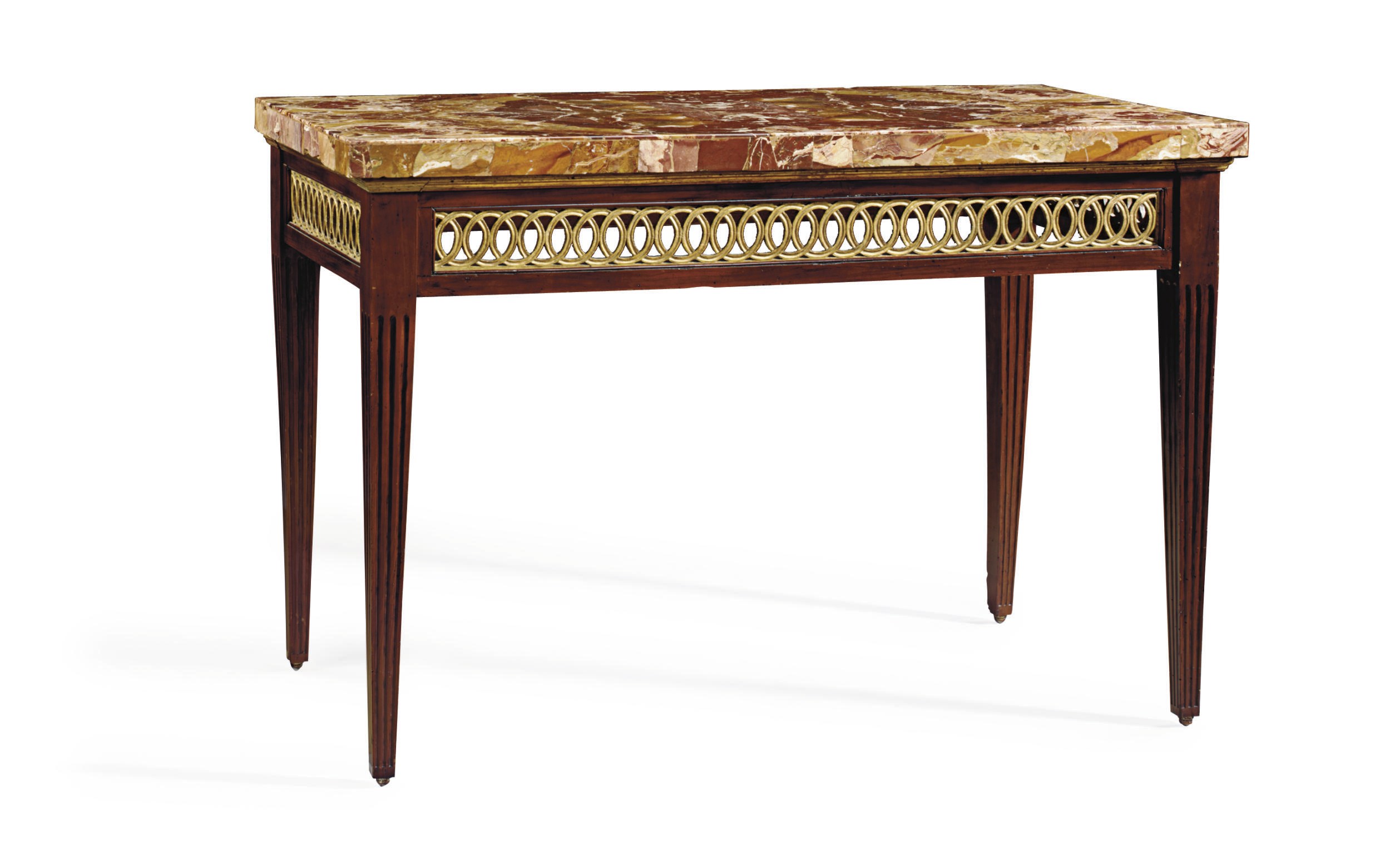 AN ITALIAN STAINED FRUITWOOD AND PARCEL-GILT SIDE TABLE WITH SICILIAN JASPER TOP