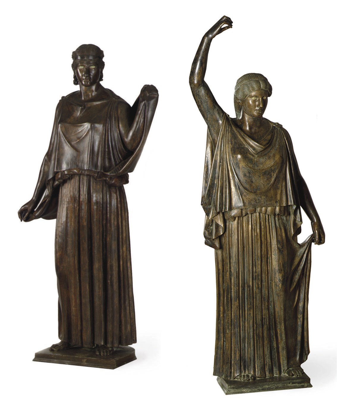 A PAIR OF LIFE-SIZE BRONZE FIGURES OF THE PEPLOPHOROI