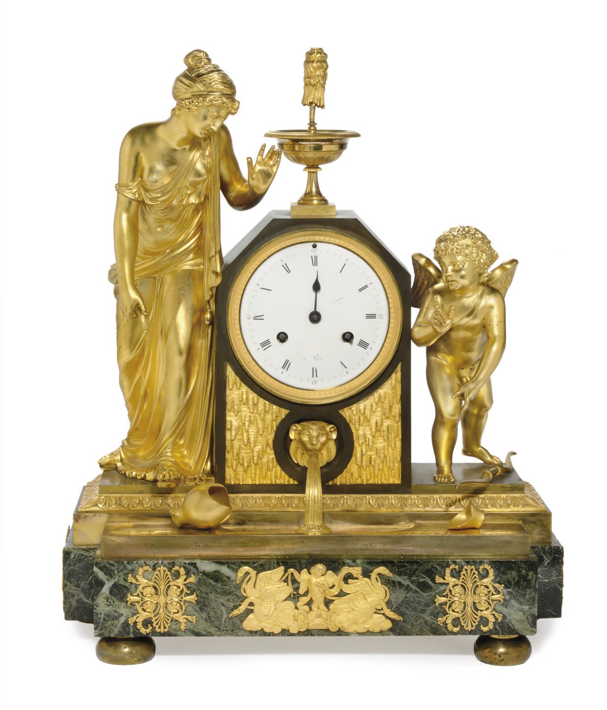 AN EMPIRE PATINATED BRONZE AND ORMOLU MANTEL CLOCK