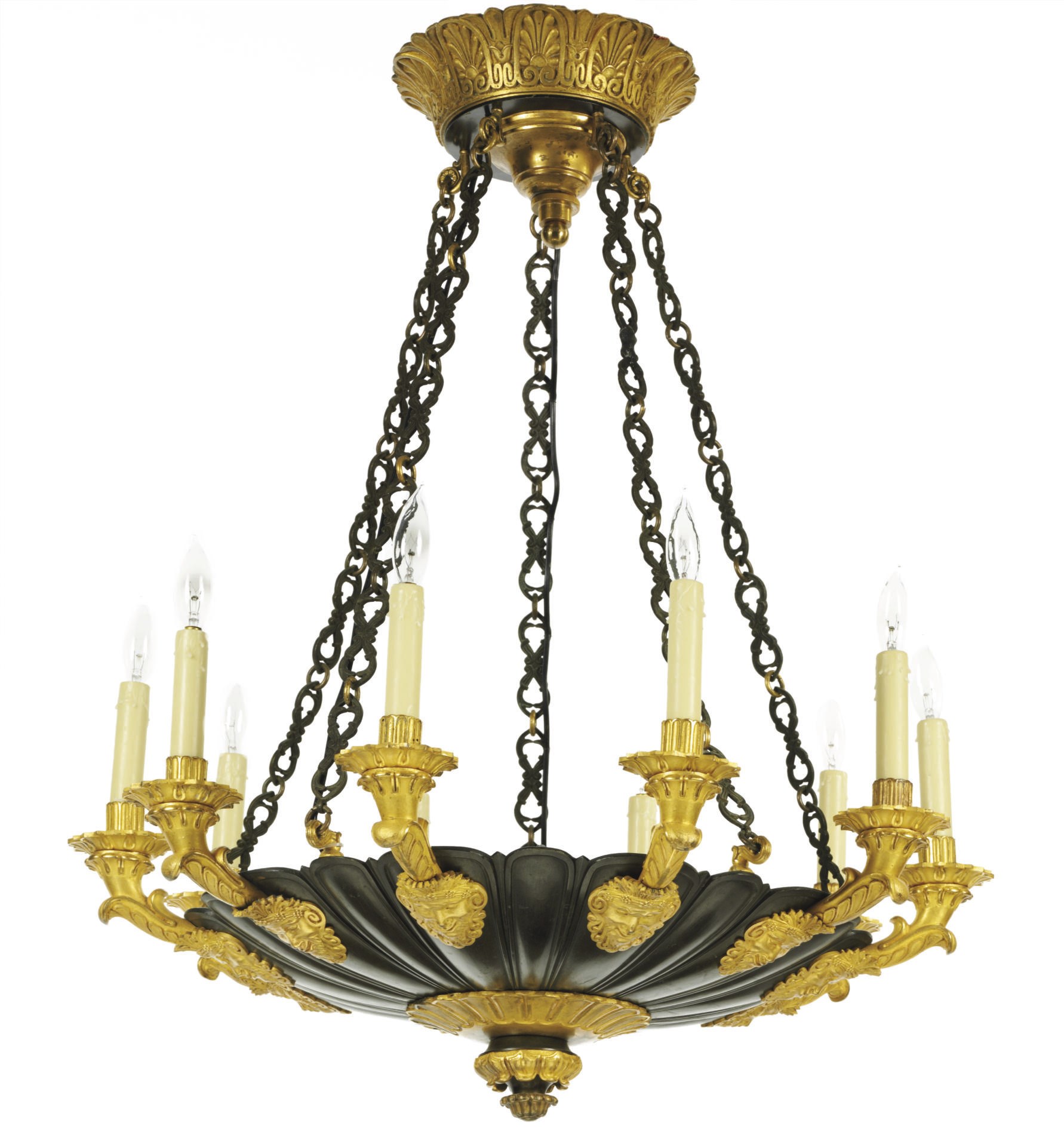 A NORTH EUROPEAN ORMOLU AND PATINATED BRONZE TEN-LIGHT CHANDELIER