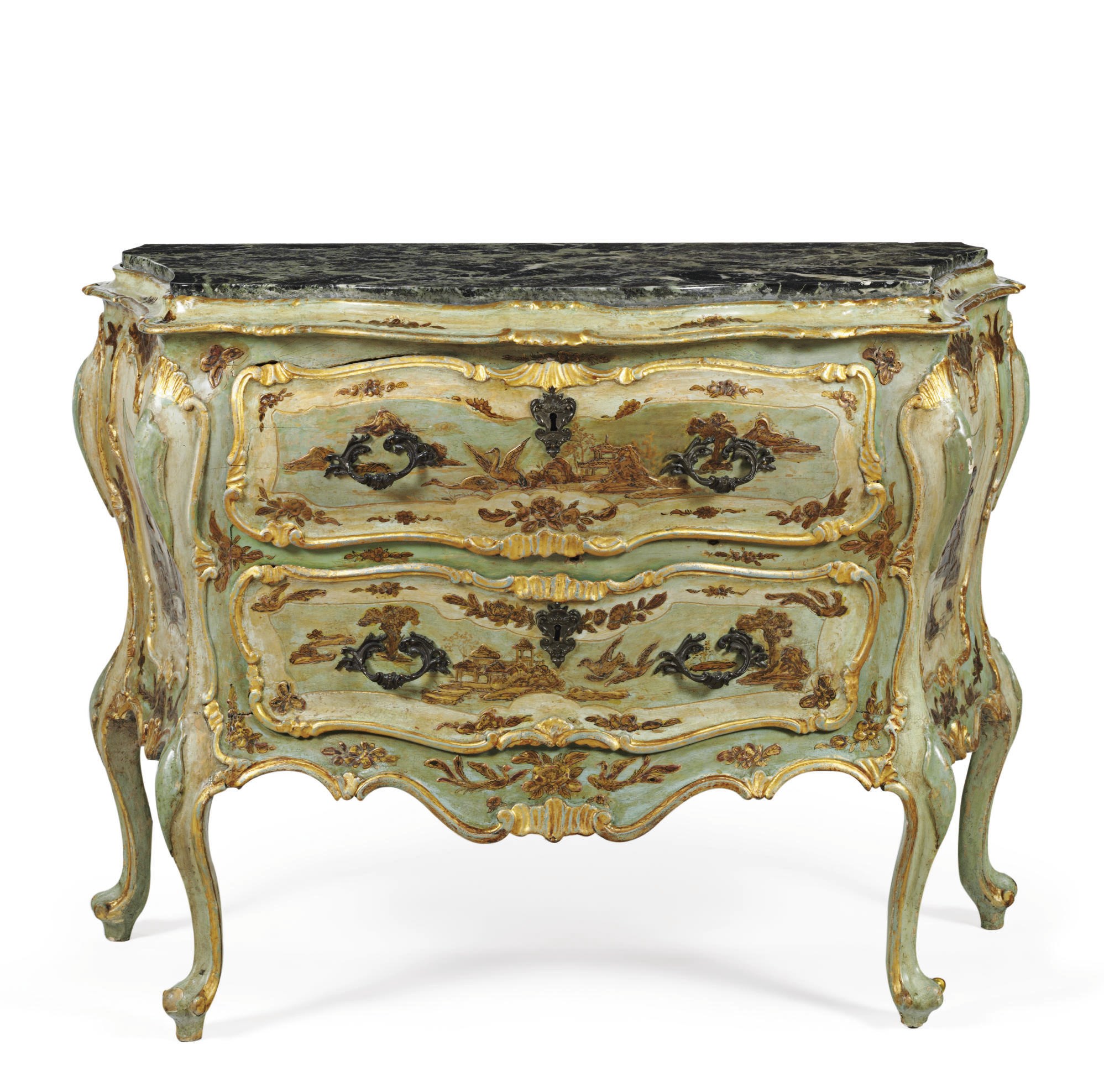 A NORTH ITALIAN BLUE-PAINTED AND PARCEL-GILT JAPANNED COMMODE