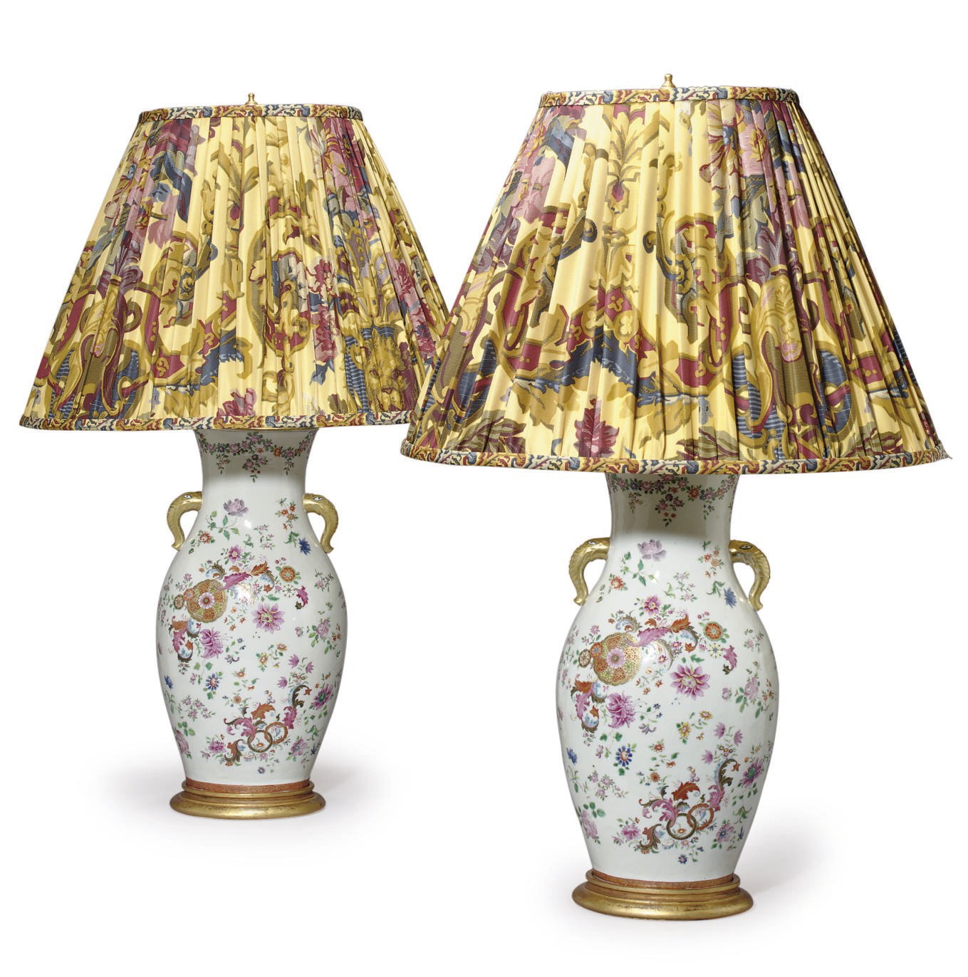A PAIR OF CHINESE EXPORT 'PSEUDO TOBACCO LEAF' VASES, NOW MOUNTED AS LAMPS