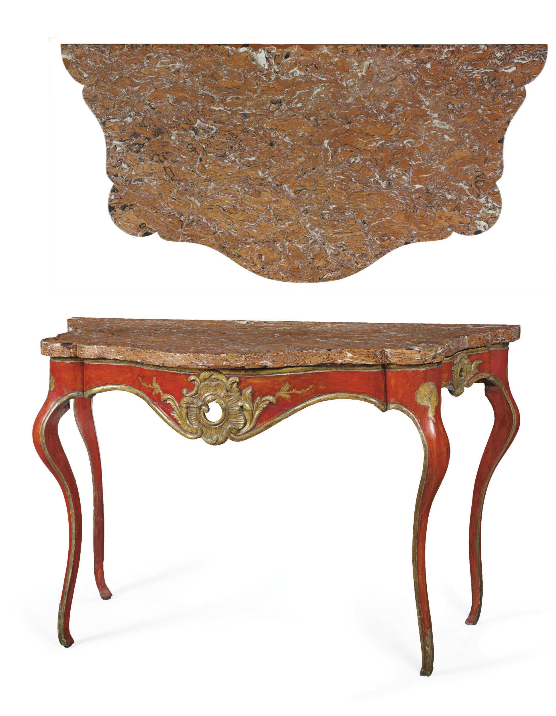 A SOUTH EUROPEAN RED-PAINTED AND PARCEL-GILT CONSOLE