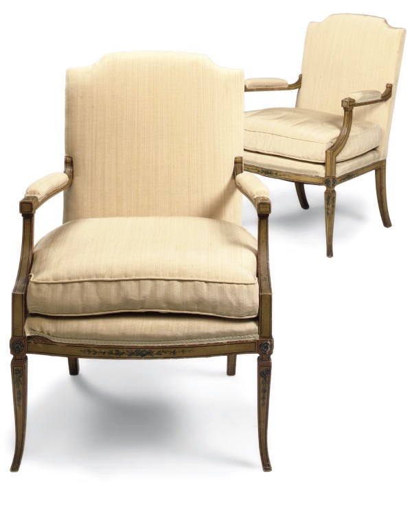 A PAIR OF PAINTED FAUTEUILS