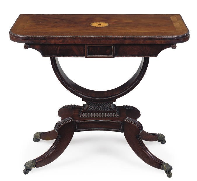 A LATE REGENCY MAHOGANY AND TULIPWOOD CROSSBANDED CARD TABLE