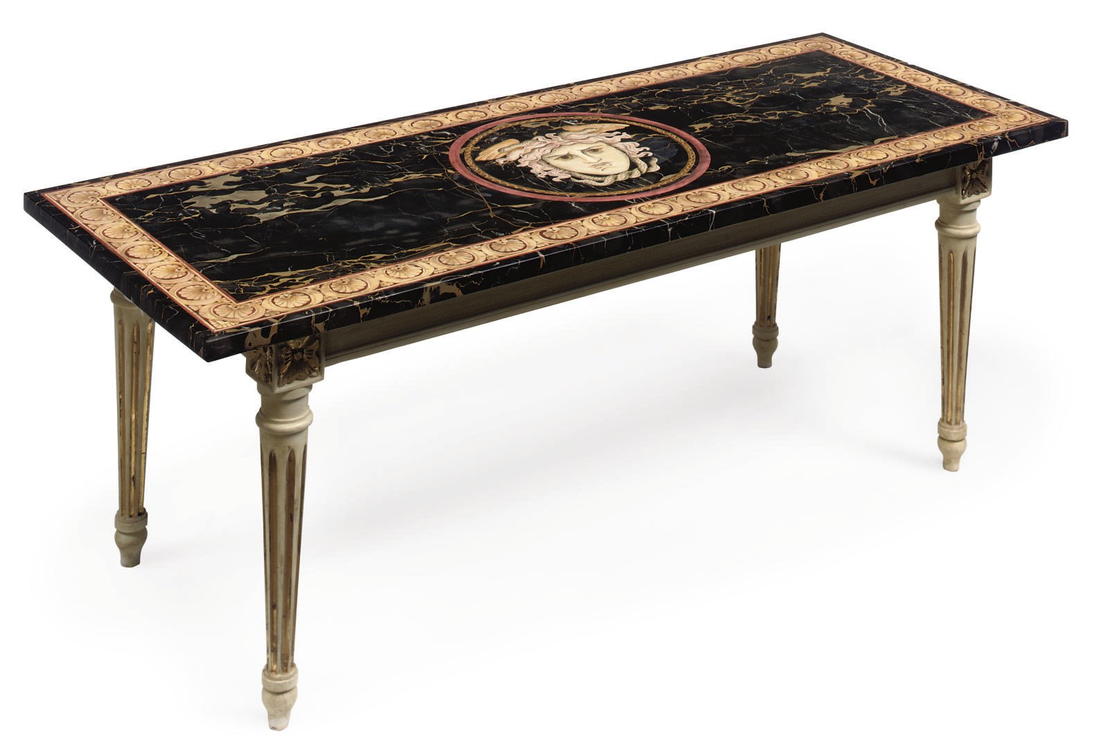 A DECORATED PORTORO MARBLE AND PAINTED LOW TABLE