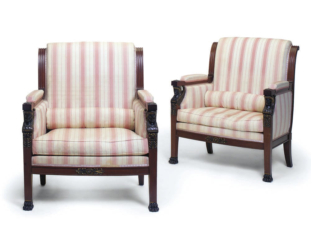 A PAIR OF FRENCH MAHOGANY SIMULATED BRONZE AND PARCEL-GILT BERGERES