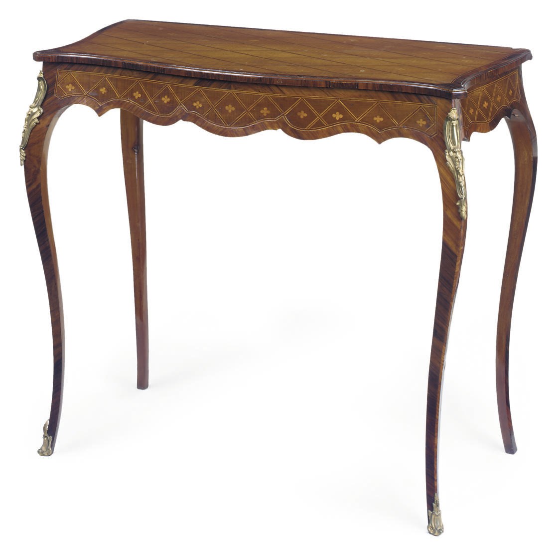 A GEORGE III KINGWOOD, SYCAMORE AND MARQUETRY SERPENTINE SIDE TABLE