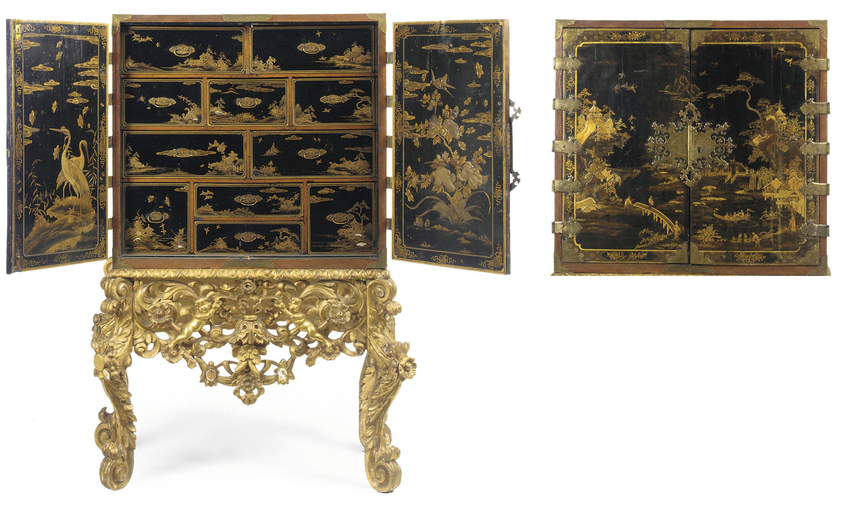 A WILLIAM AND MARY LACQUERED AND GILT-JAPANNED CABINET-ON-STAND