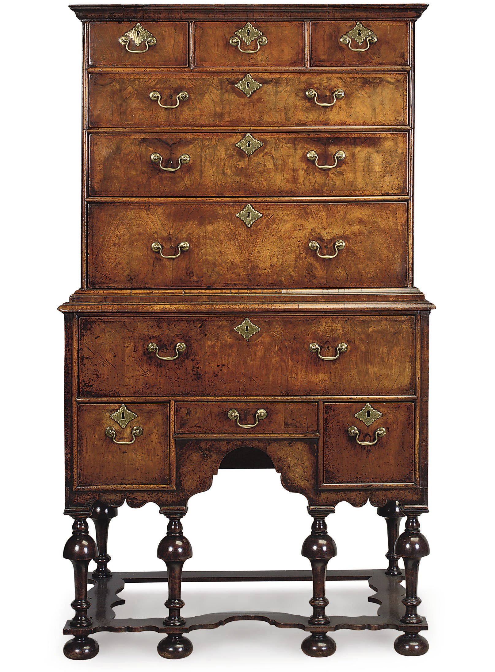 A WILLIAM AND MARY WALNUT CHEST ON STAND
