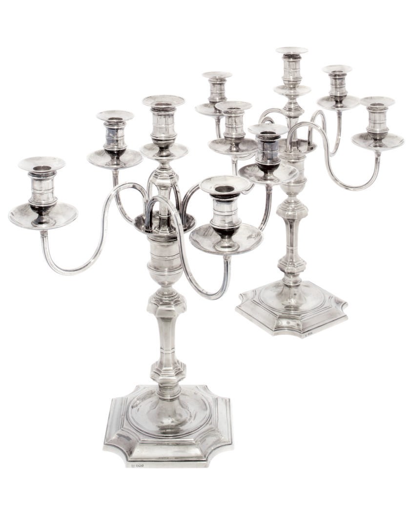 A PAIR OF SILVER FIVE-LIGHT CANDELABRA