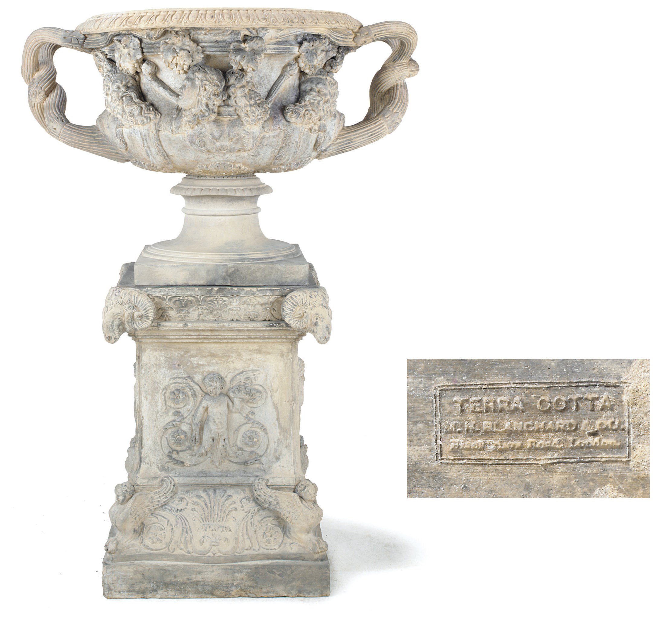 A VICTORIAN TERRACOTTA MODEL OF THE WARWICK VASE AND PEDESTAL