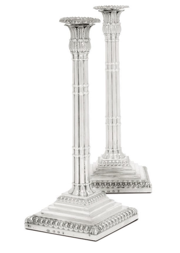 A PAIR OF GEORGE III SILVER CLUSTER COLUMN CANDLESTICKS