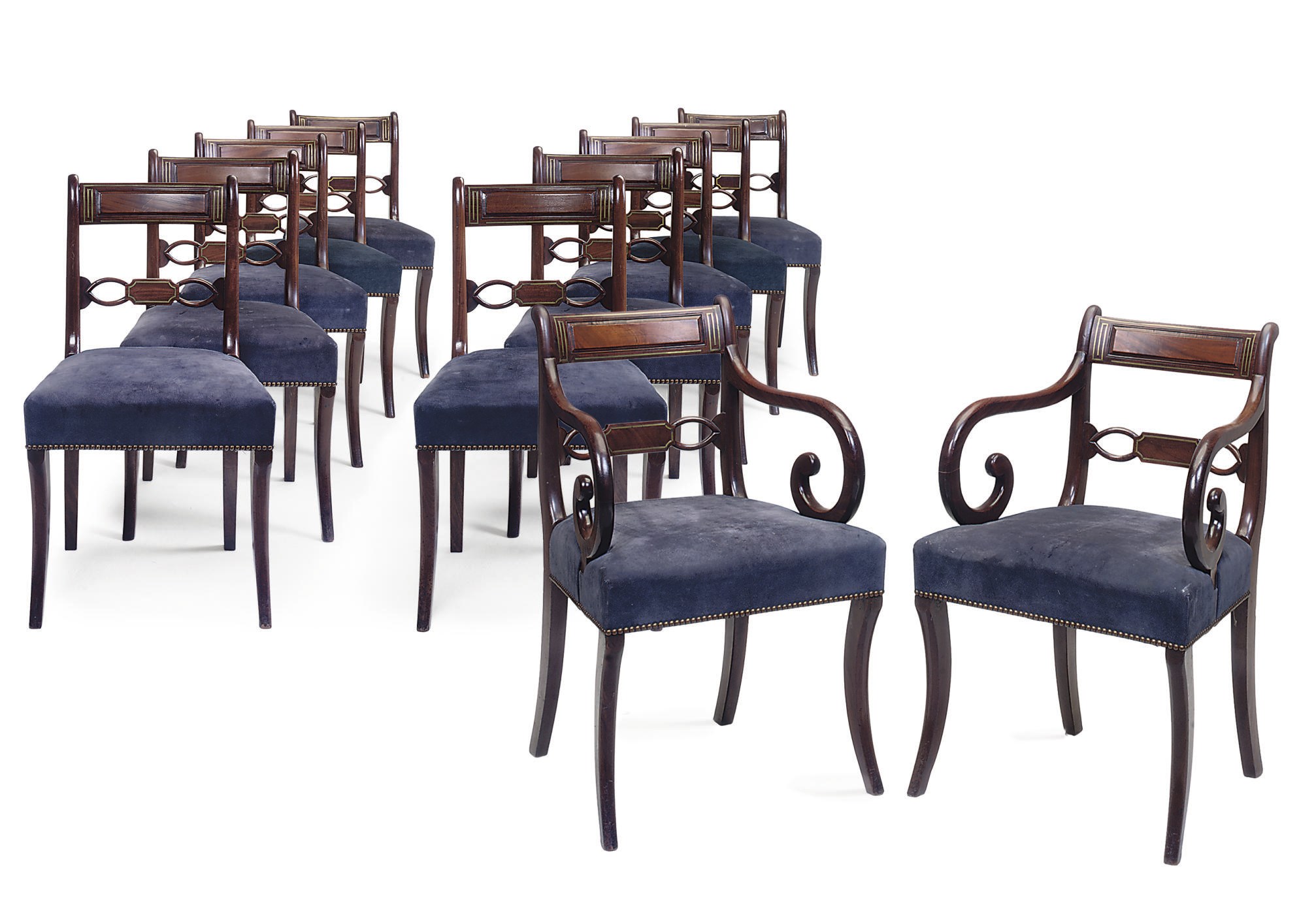 A SET OF TWELVE MAHOGANY AND BRASS INLAID DINING CHAIRS