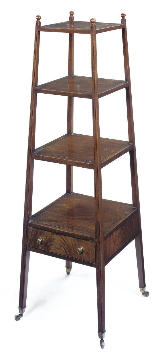 A GEORGE III MAHOGANY AND LINE INLAID WHATNOT