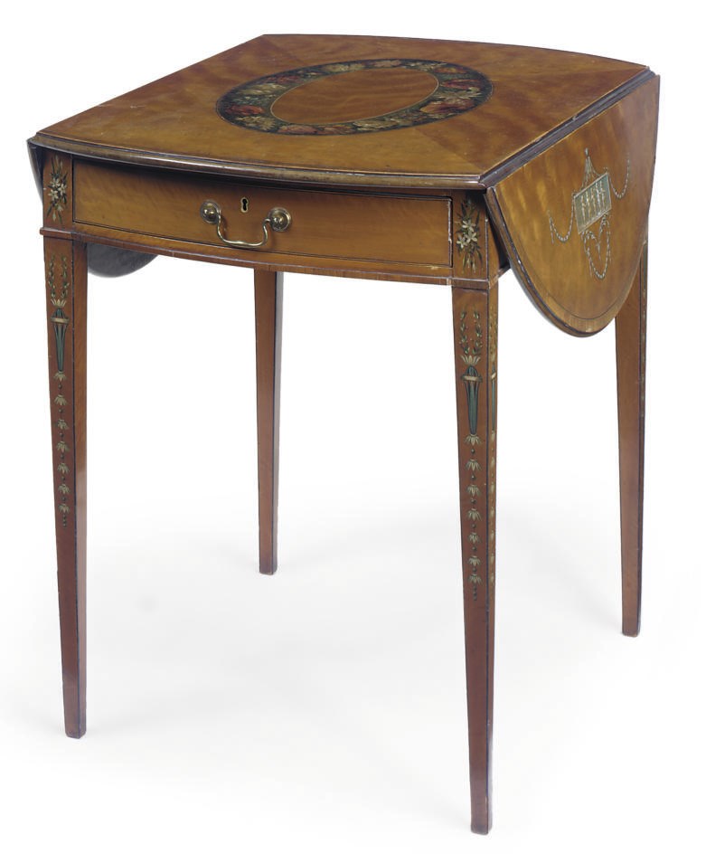 A GEORGE III POLYCHROME DECORATED SATINWOOD AND KINGWOOD CROSSBANDED PEMBROKE TABLE