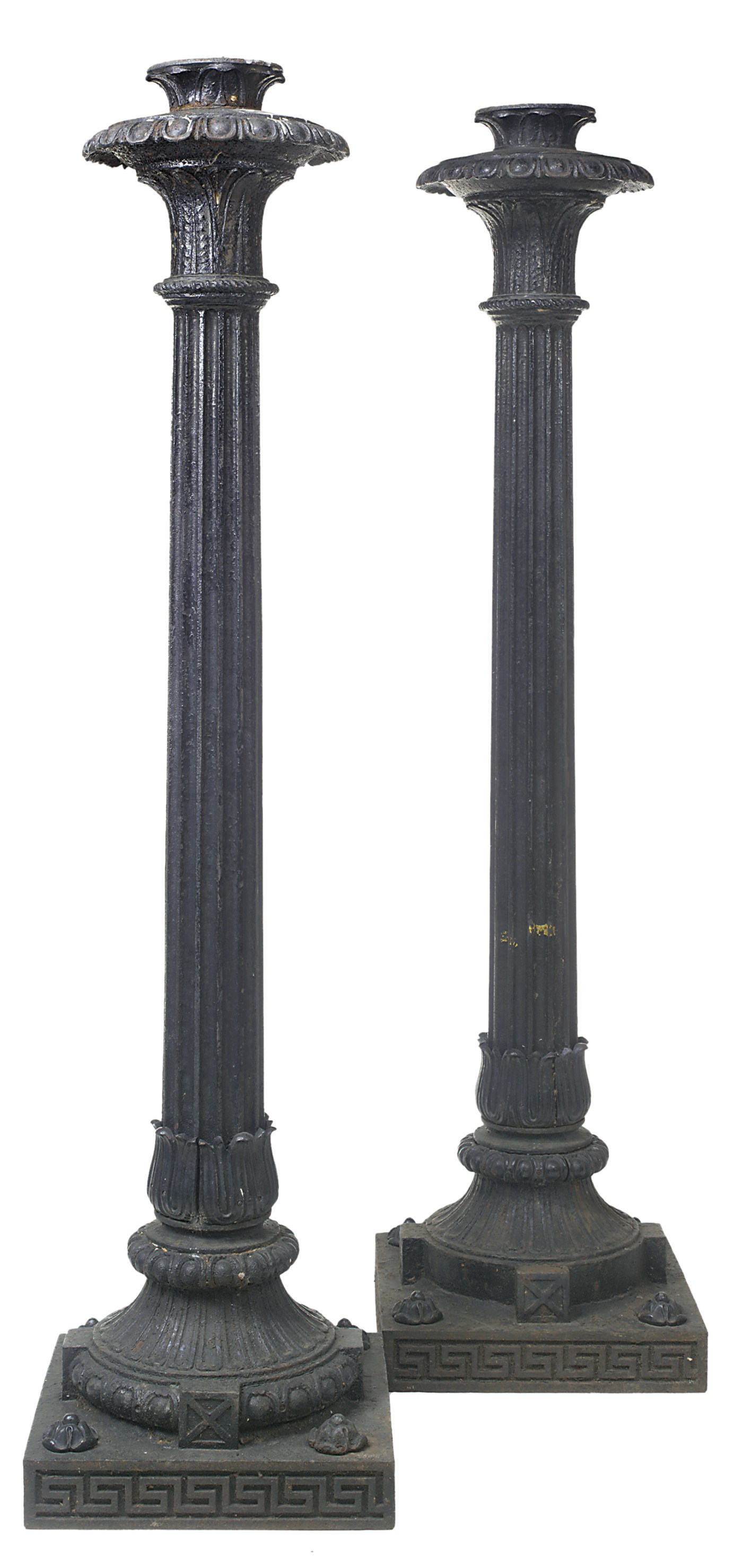 A PAIR OF LATE REGENCY BLACK-PAINTED CAST-IRON TORCHERES