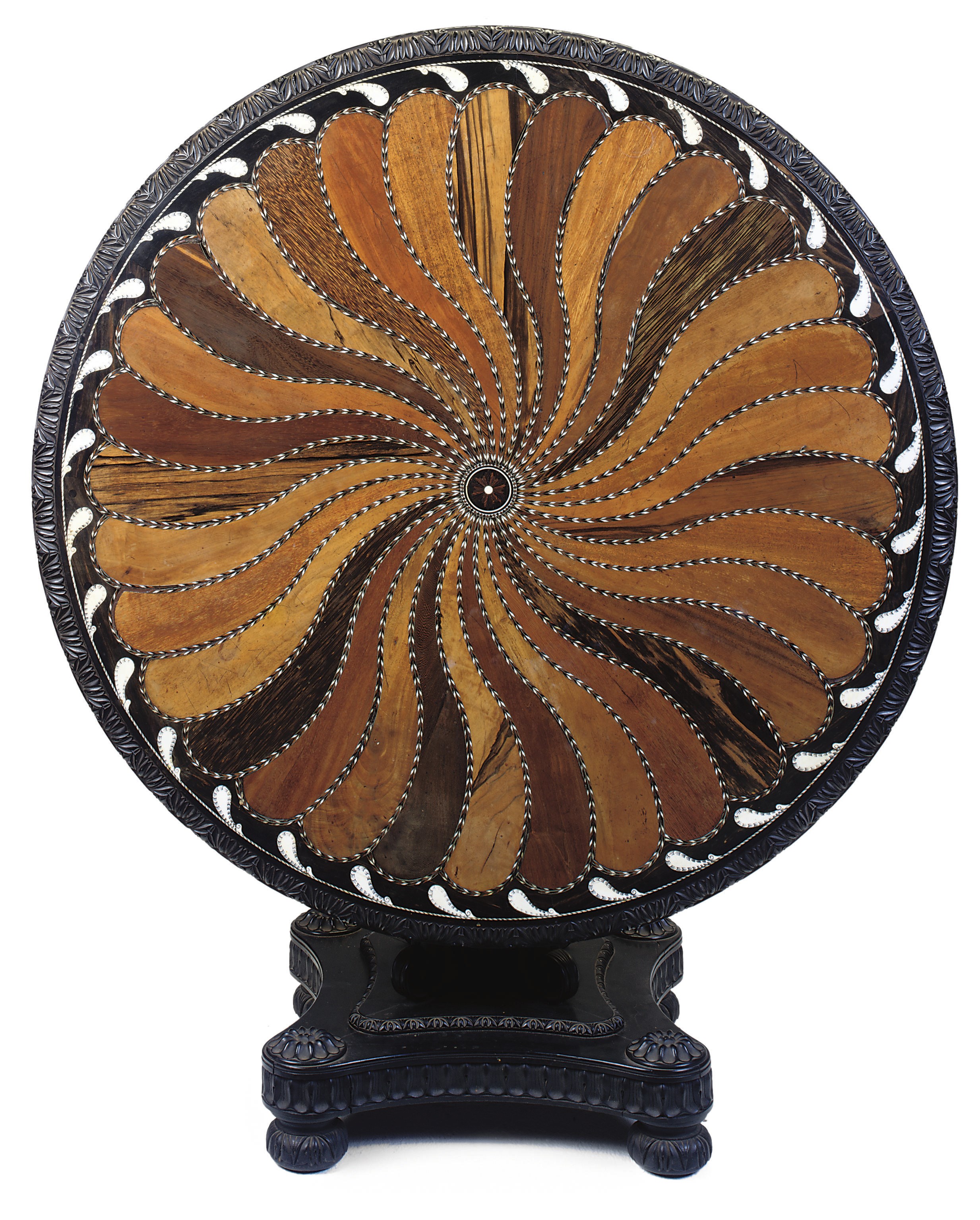 A CEYLONESE IVORY INLAID SPECIMEN WOOD, EBONY AND PARQUETRY CENTRE TABLE