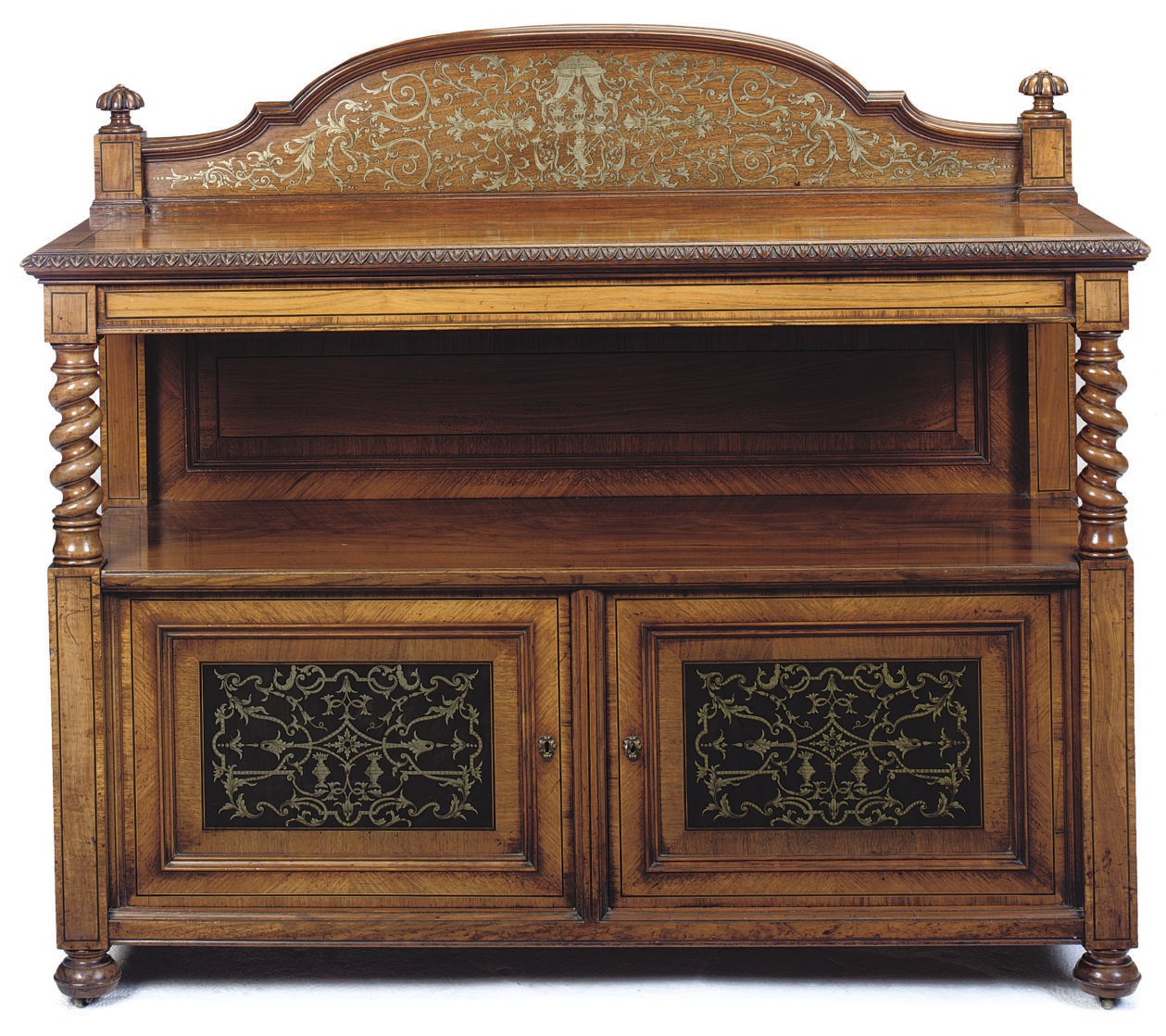 A LATE VICTORIAN WALNUT AND BRASS INLAID BUFFET
