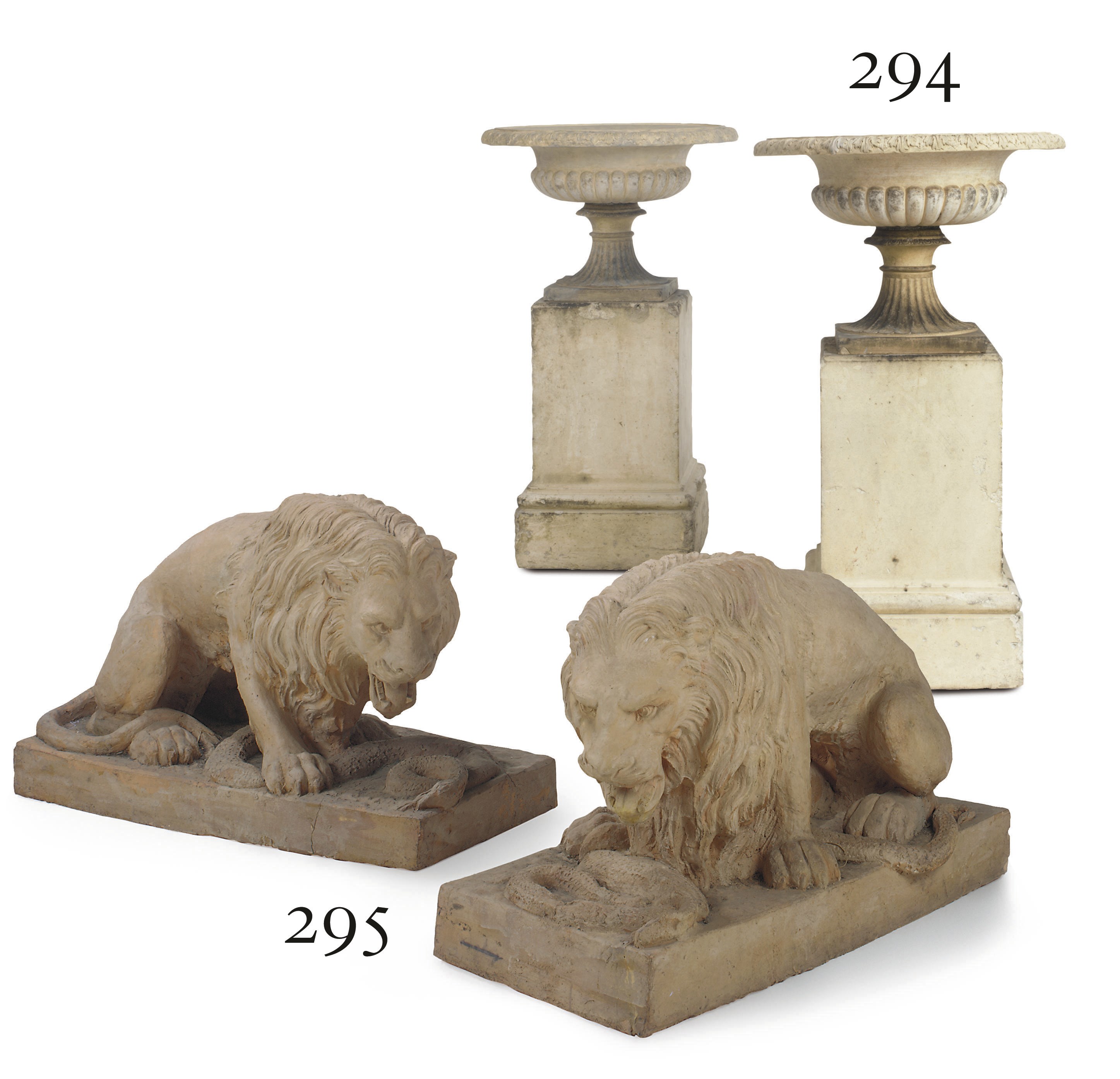 A PAIR OF VICTORIAN TERRACOTTA TAZZA AND PEDESTALS