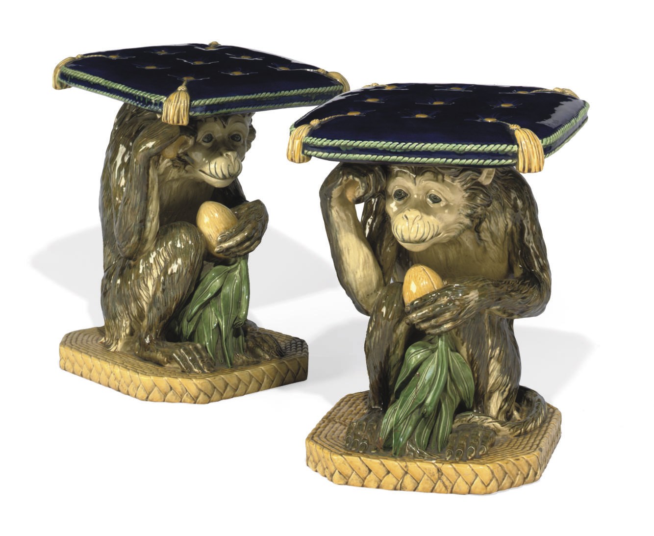 A PAIR OF MINTON MAJOLICA MONKEY GARDEN SEATS