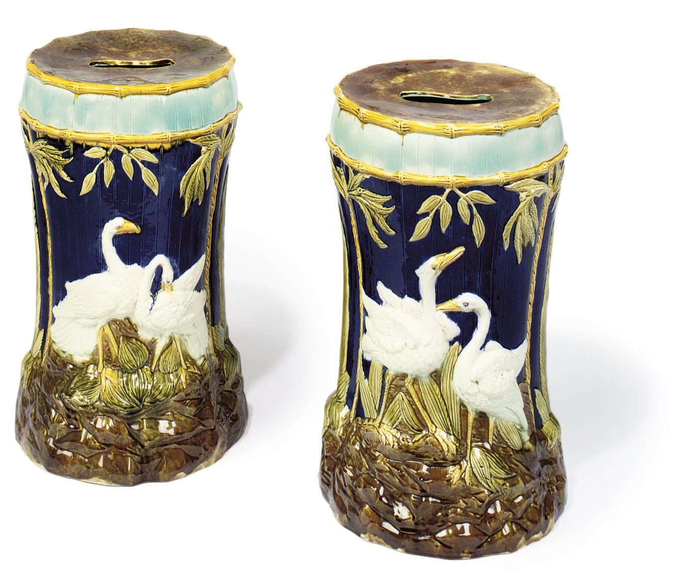 A PAIR OF ENGLISH MAJOLICA COBALT-BLUE GROUND GARDEN SEATS