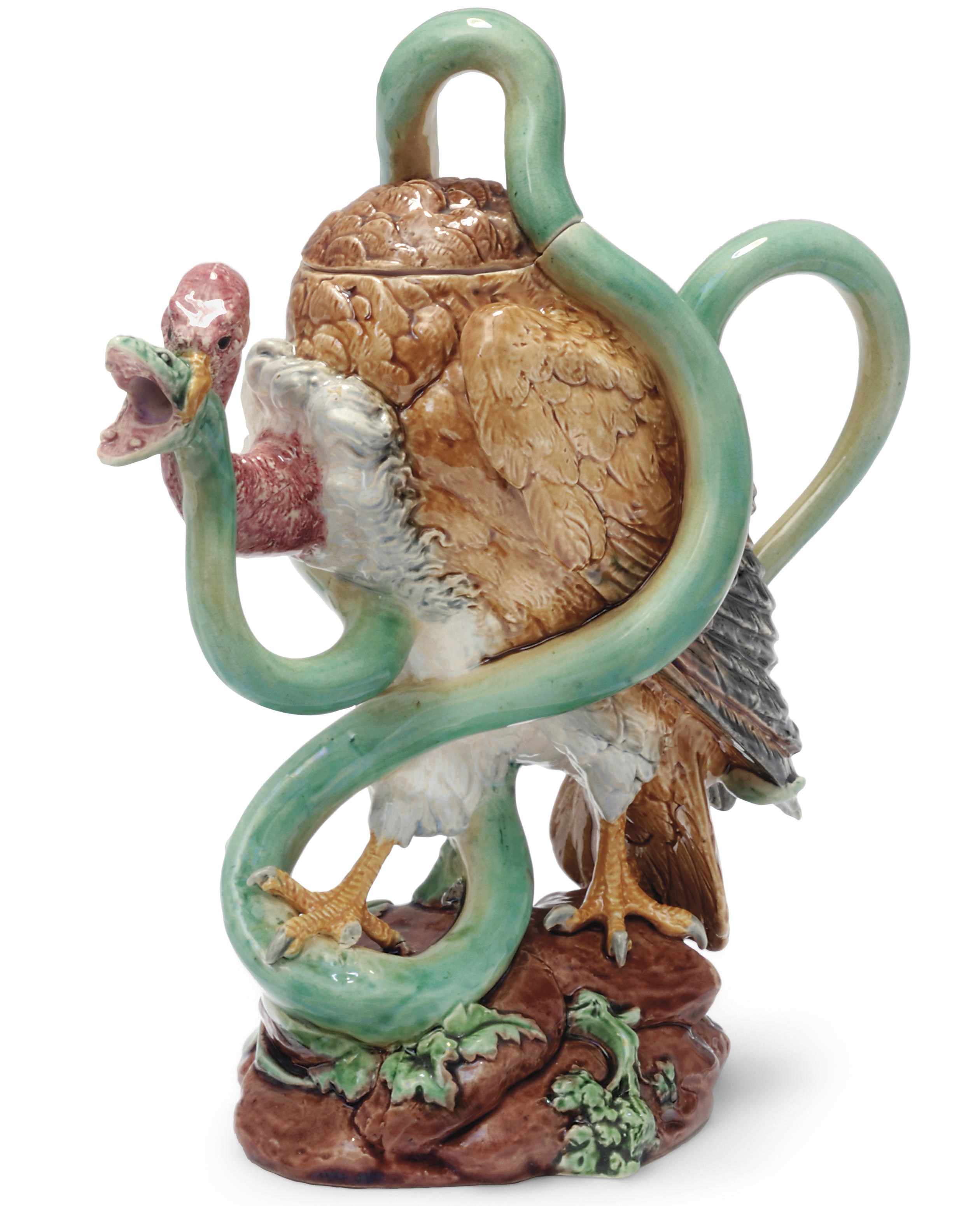 A MINTON MAJOLICA VULTURE TEAPOT AND COVER