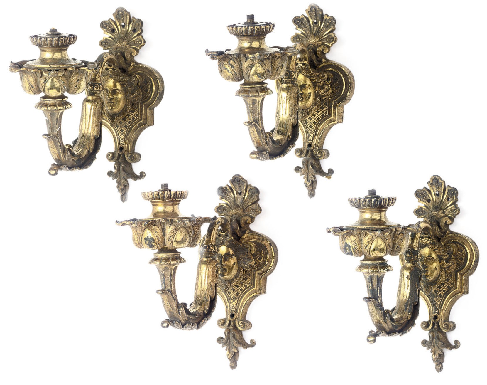A SET OF FOUR FRENCH GILT-BRONZE SINGLE-LIGHT WALL APPLIQUES
