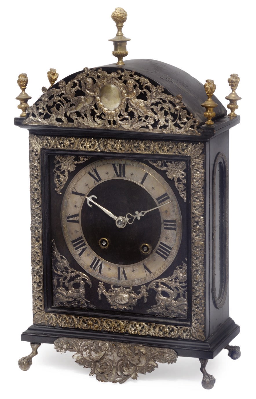 A Louis XIV white-metal mounted ebonised striking religieuse table clock