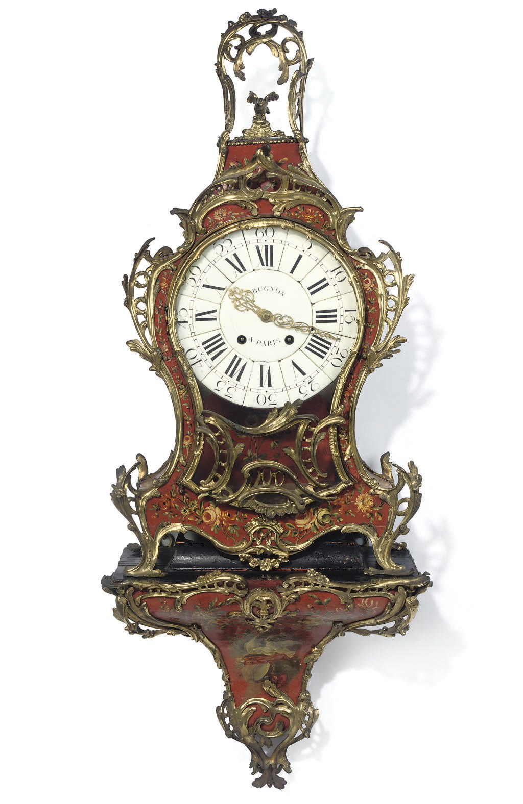 A LOUIS XV STRIKING ORMOLU, RED AND POLYCHROME-DECORATED BRACKET CLOCK