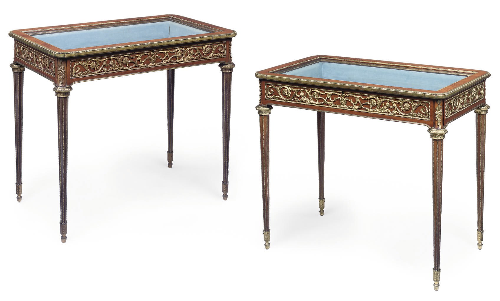A PAIR OF GILT-METAL MOUNTED TULIPWOOD BIJOUTERIE TABLES
