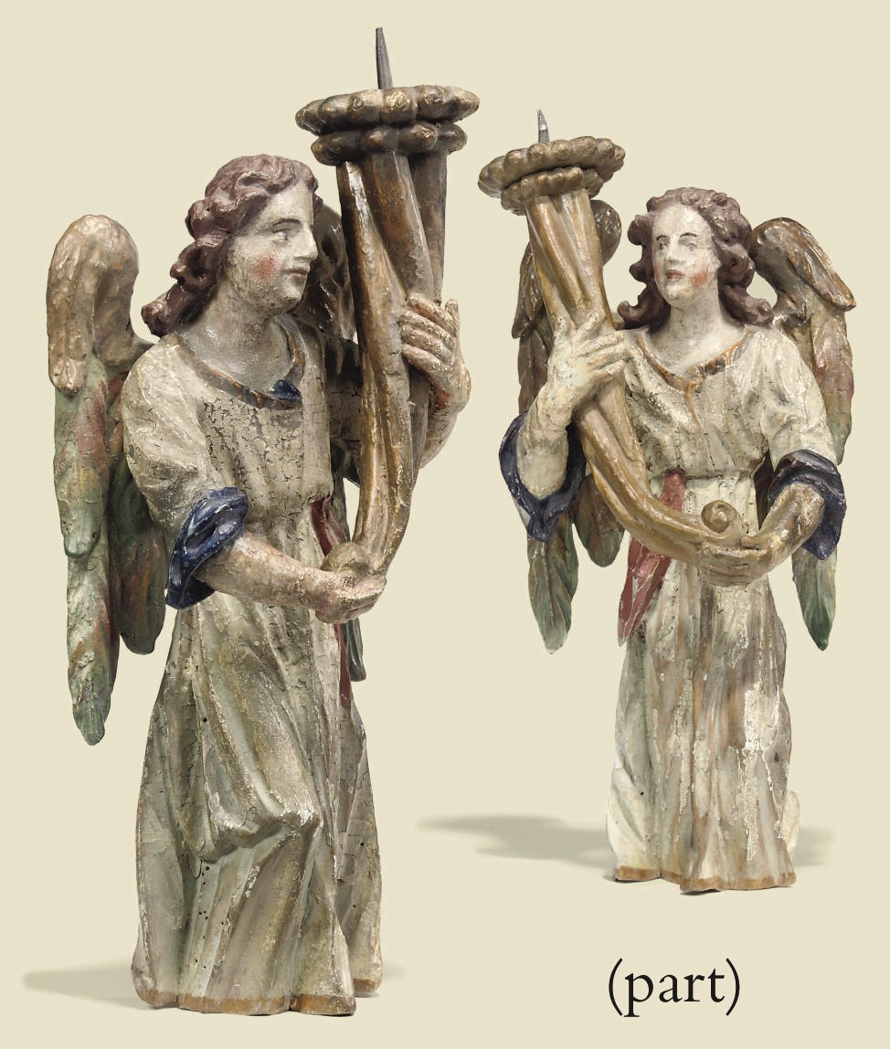 A PAIR OF CONTINENTAL PAINTED AND GILT-WOOD FIGURES OF ANGELS