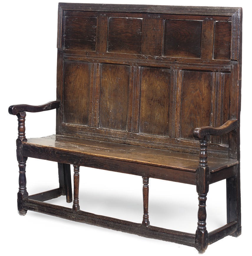 AN ENGLISH OAK HIGH-BACK SETTLE