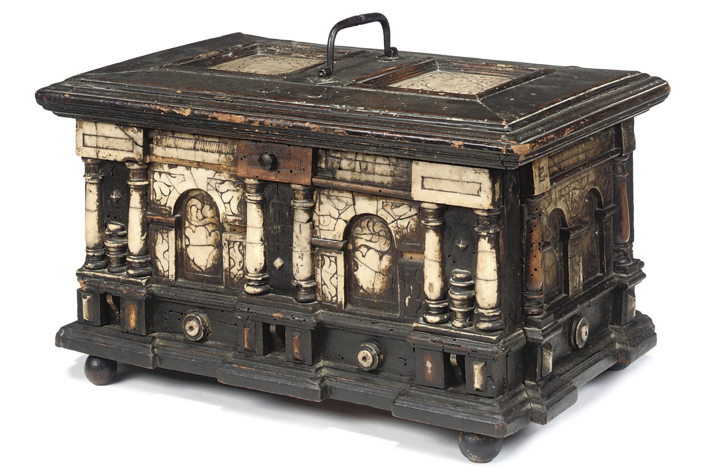 A MALINES EBONISED WOOD AND ALABASTER CASKET
