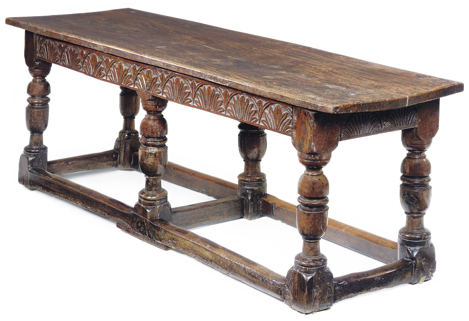 AN ENGLISH OAK AND ELM SIX LEG REFECTORY TABLE